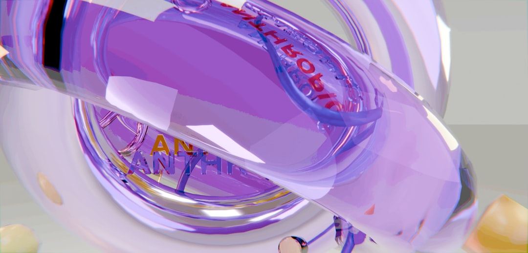 Glossy purple tubes with distorted text and reflections.