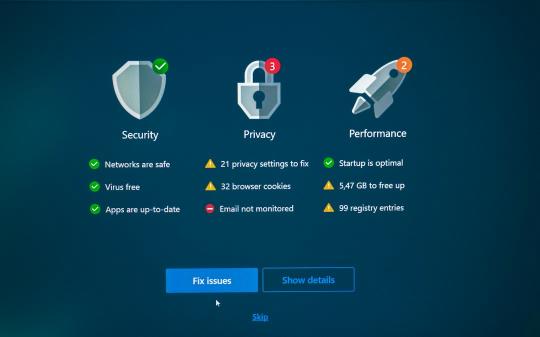 Security, privacy, and performance status with fix options